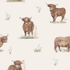 Catherine Lansfield Angus Highland Cows Wallpaper Roll Cream/Brown Muriva 165532
