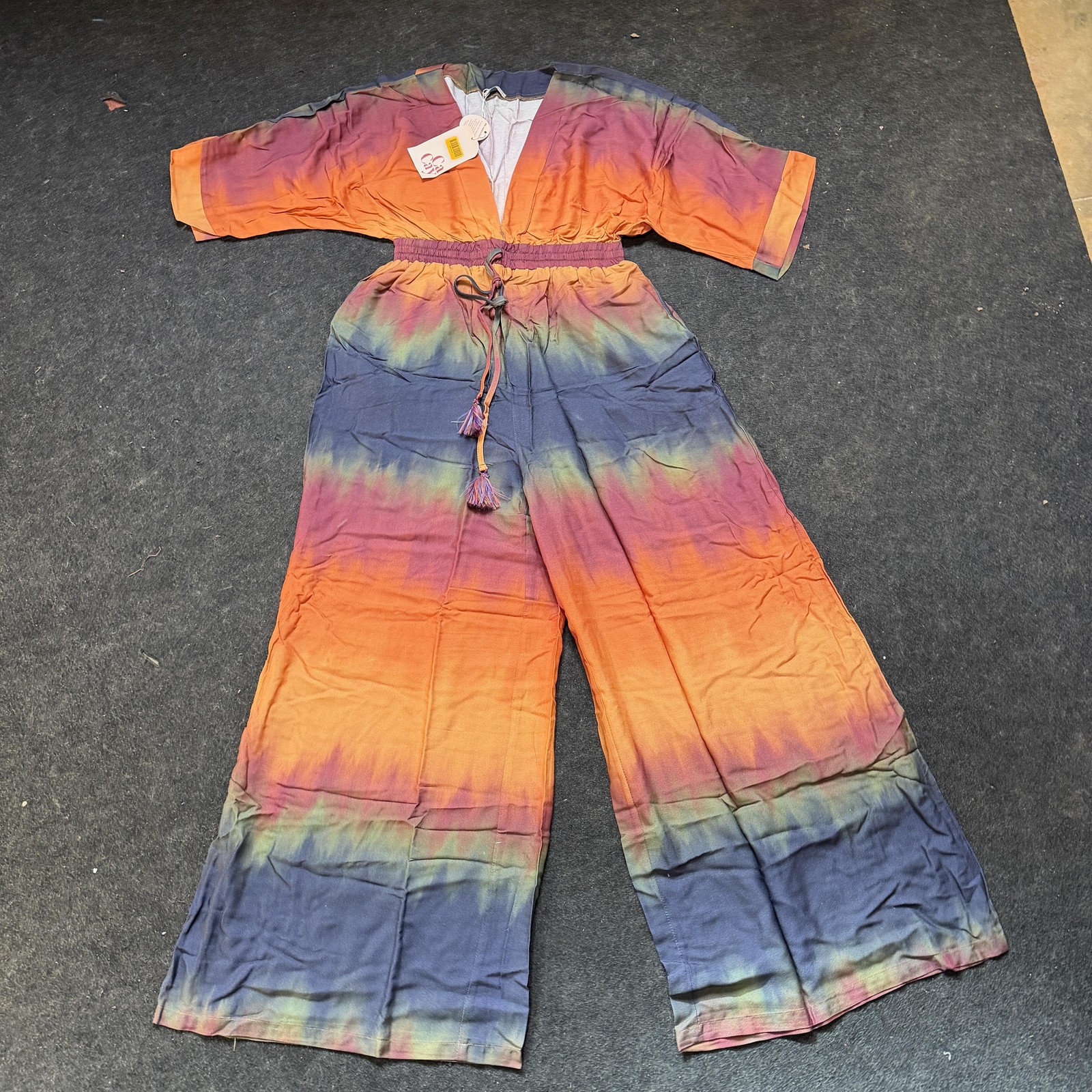 CaCay Jumpsuit Women's Small Multicolor Tie Dye Kimono Sleeve Wide Leg New Boho-image