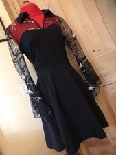 BLACK EVENING DRESS GOLD NET FULL SWIRLY FLARED SLEEVES 50s STYLE STRETCHY PARTY