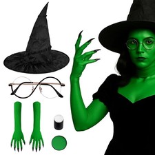 Halloween Witch Costume Set Adult Cosplay Elphaba Green Black Hat Gloves