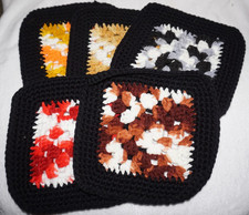 115 Acrylic, Crocheted, 5 Color Schemes w/ Black Borders, 6-1/4" Granny Squares