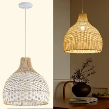 Modern Boho Rattan Pendant Light Fixture Farmhouse Hand-Woven Pendant Lightin...