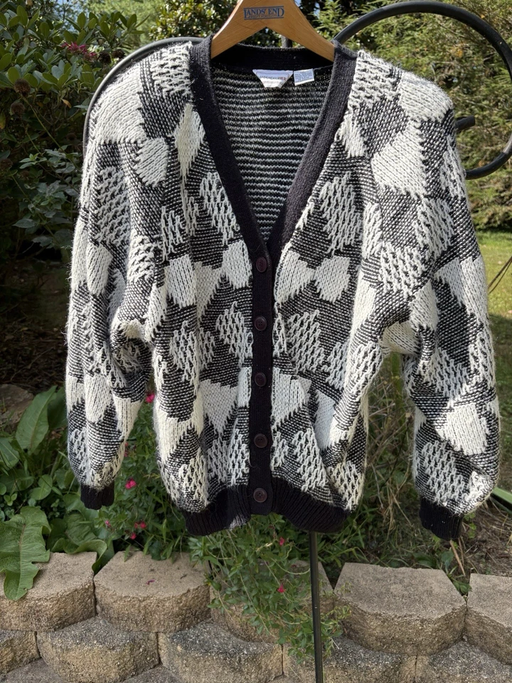 Suéter cárdigan tejido blanco y negro vintage años 80 talla mediana Foto 4 de 4