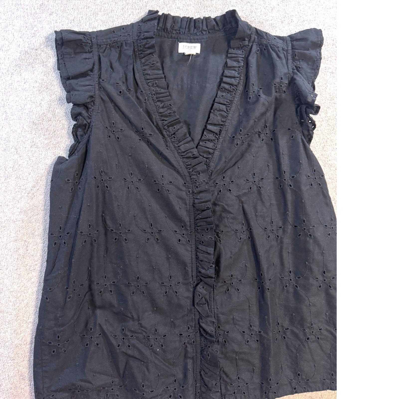 J Crew Black Eyelet Ruffle Blouse Womens Medium Ruffle Sleeve V Neck Boho Top image 2