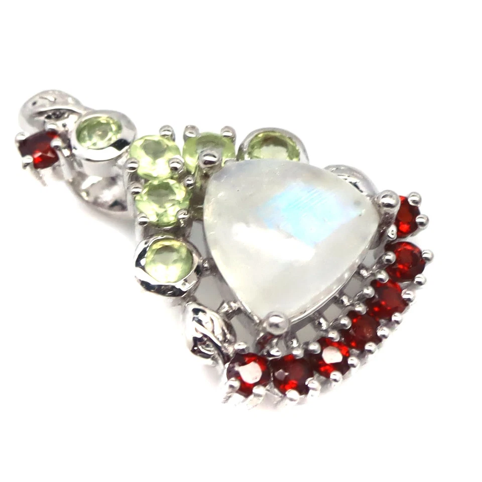 925 Silber 8 x 8 Mm. Blau Regenbogen Mondstein, Peridot & Granat Handgefertigt - Bild 2 von 4