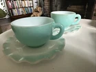 Vintage Hazel Atlas Crinoline Aqua Ruffled Milk Glass Teacup & Saucer Pair (2)