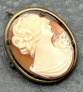 Vintage Art Deco Carved Shell Cameo Brooch Pendant Brass Tone Oval Lady Profile