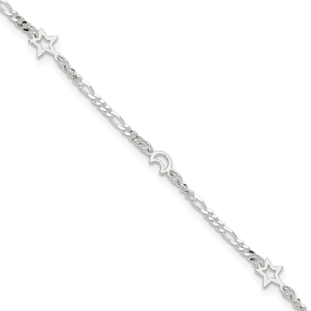 Sterling Silver Moon and Star Figaro Anklet 10 Inch with 1 Inch Extension