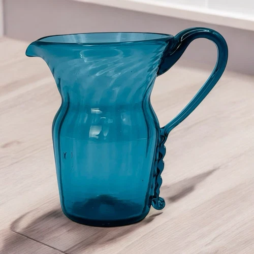 Hand Blown Art Glass Pitcher Turquoise Aqua Blue Green Applied Handle 4"x3.5"