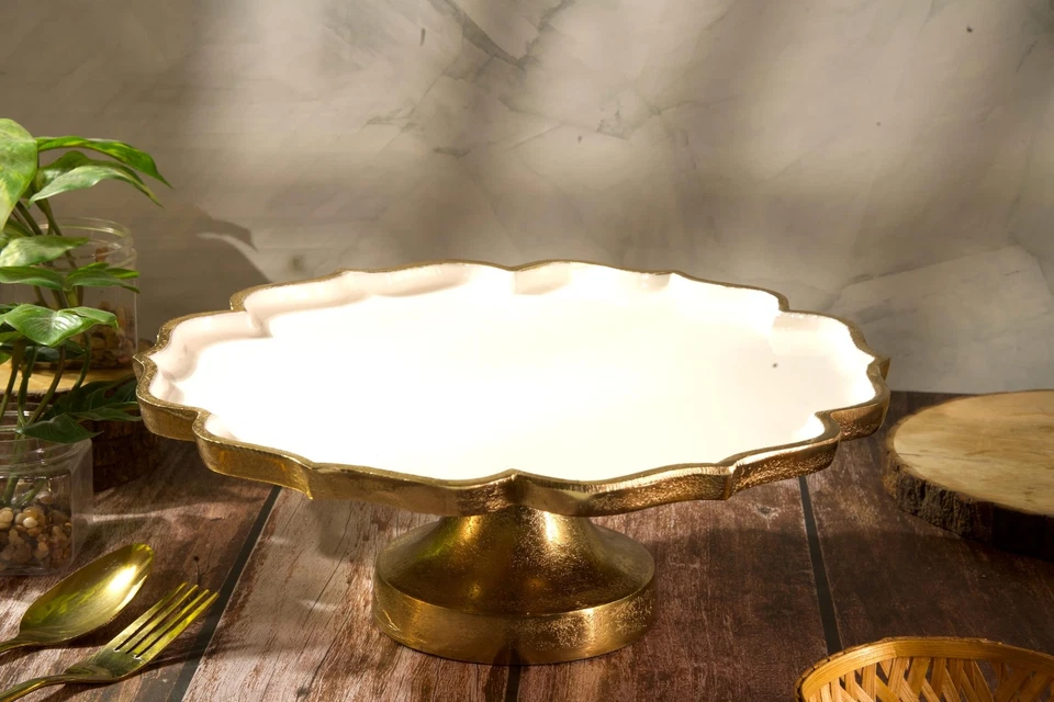 Cruiser’s Caché 16" Sculpted Metal Cake Stand, White Enamel and Rustic Gold F... - Image 3 of 4