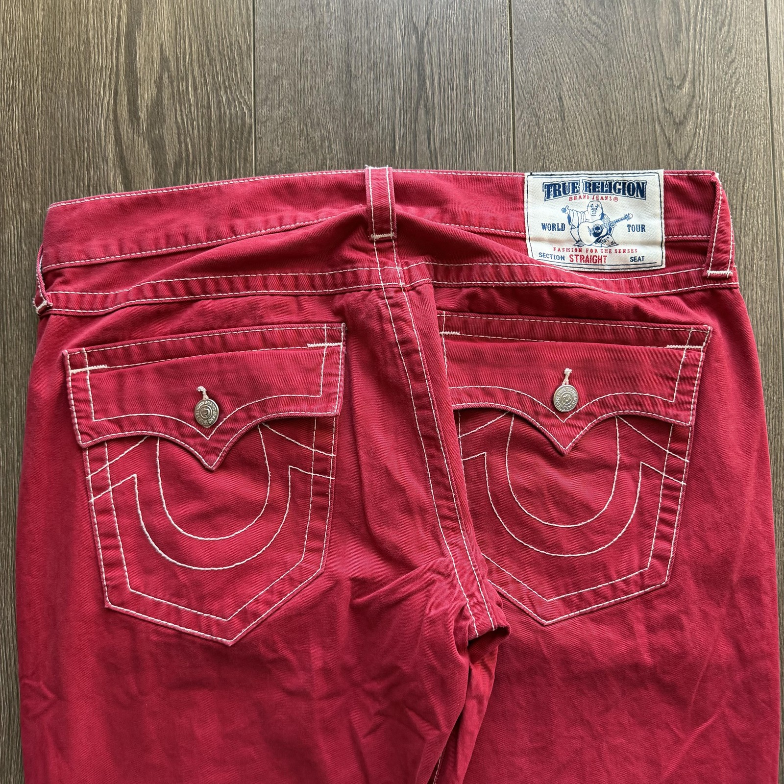 Y2K True Religion Jeans Mens 38x32 Red Straight Leg Flap Pocket Denim Pants thumbnail 4