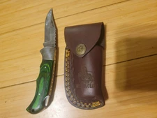JW Steel Crafts Damascus Pocket Knife Green & Dark Wood Handle