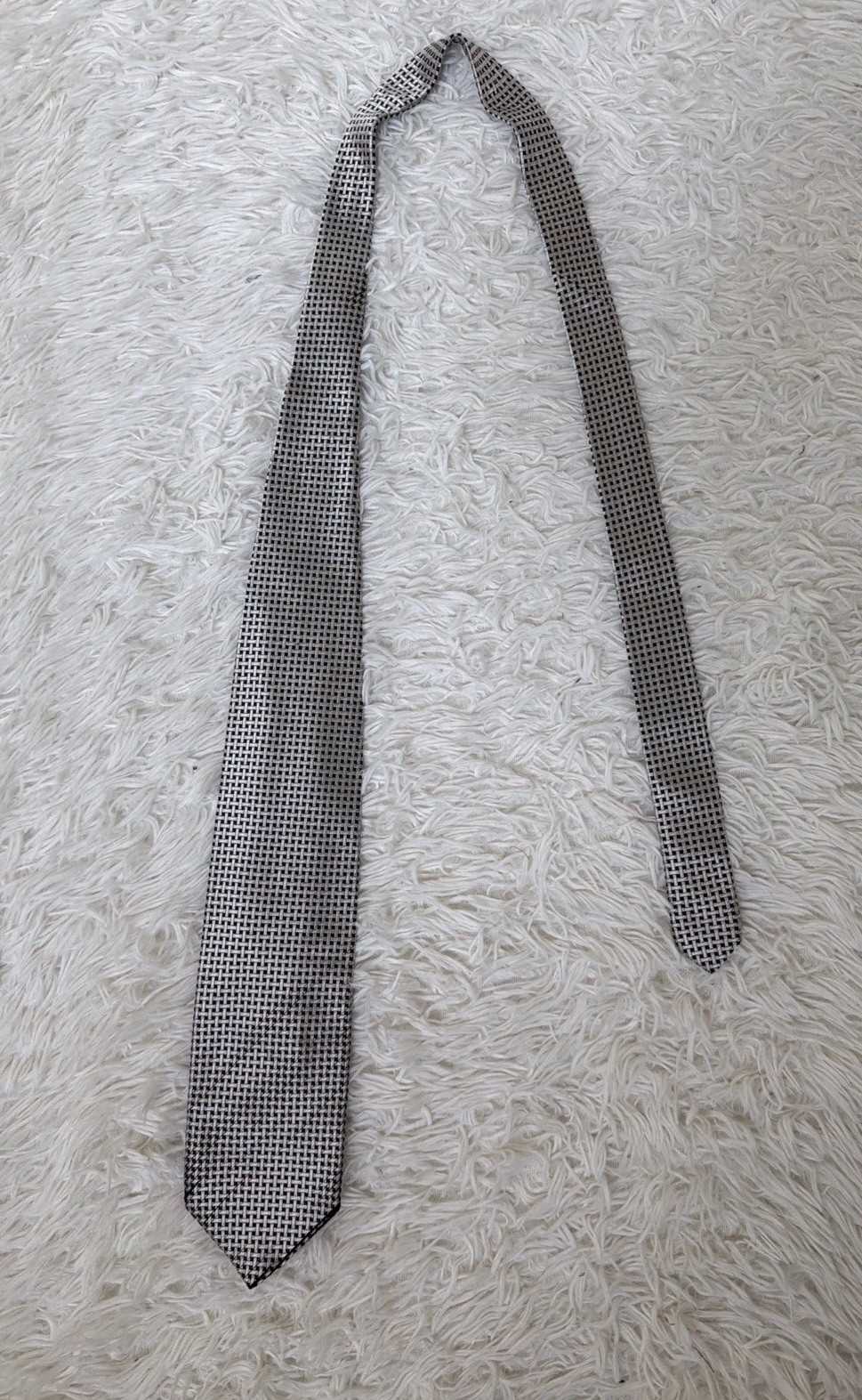 ENRICO MORI 100percent Silk Tie Men's White Gray Silver Checkered Plaid Necktie