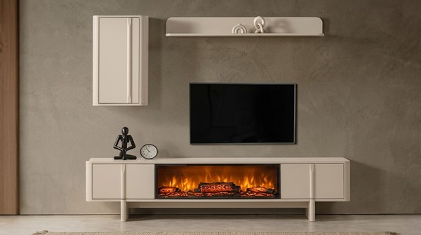 TV Board Wandschrank Wandregal Stil Modern Weiß Kamin Wohnzimmer GeräUmig-image