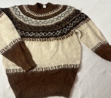Vintage Bolivian Fair Isle Alpaca Wool Pullover Sweater Brown Ivory Men  s M/L