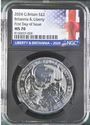 2024 Britannia Liberty 1 Oz Silver MS 70 NGC First Day Of Issue .999 Fine - Image 1 of 4