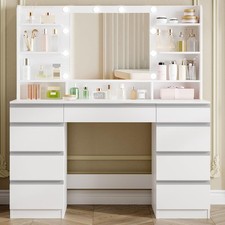 White Vanity Desk with LED Bulbs, Large Mirror, 9 Shelves Drawers Dressing Table