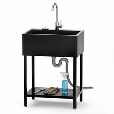 Stand Black Utility Sink, SS Single w Shelf, Hot/Cold, 12 Gal, Garage/Garden