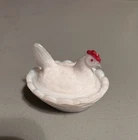Vintage Mini Milk Glass Hen Nest  Miniature 2.5"Red Cockscomb westmoreland