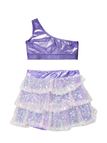 Kids Girl's Vests With Skirts Sequins Crop Tops Skirts Set Shiny Dance Outfit - Picture 75 of 83