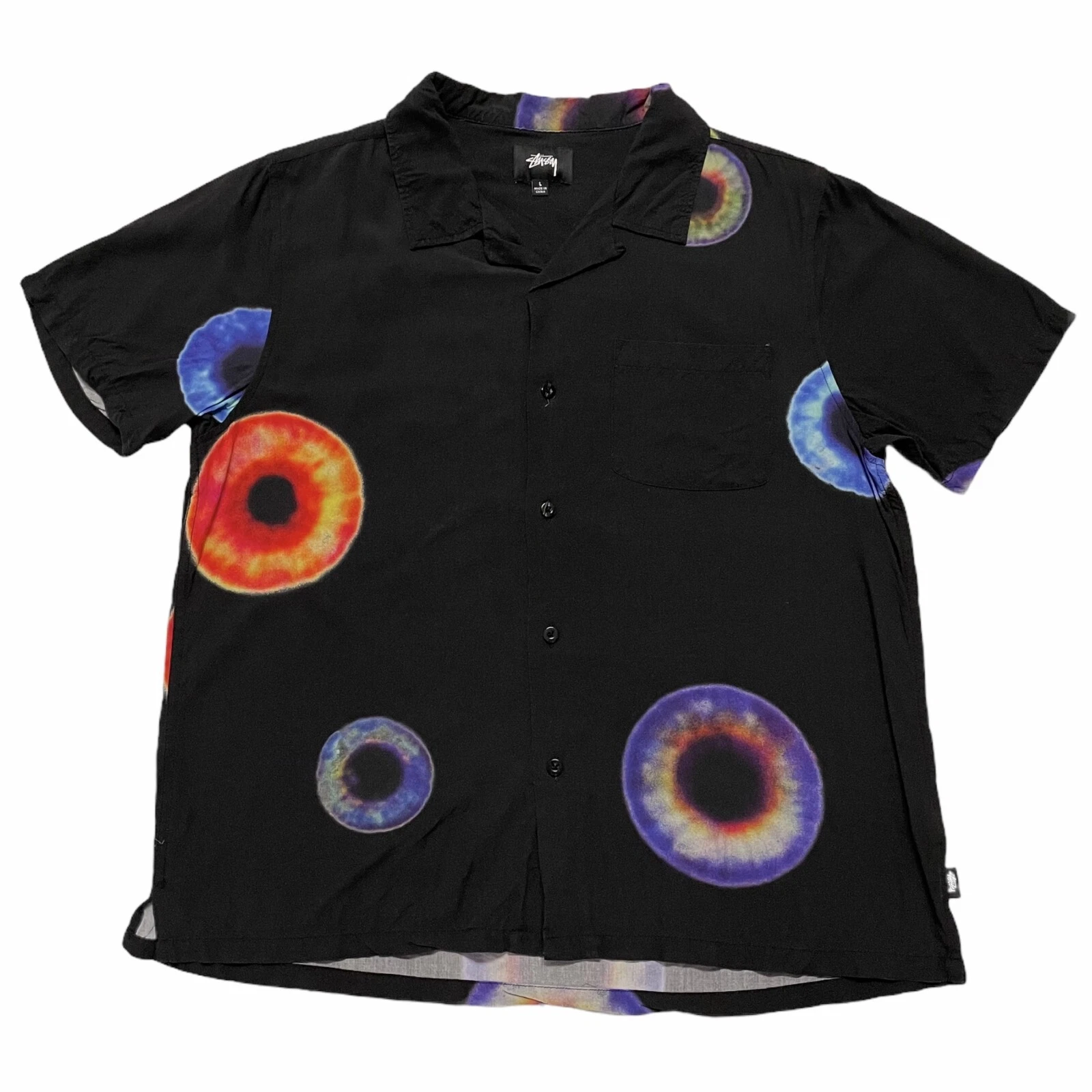 STUSSY Iris Eye Print Rayon Black Camp Collar Short Sleeve Shirt Size Medium