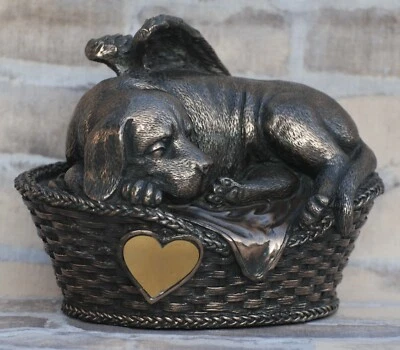 Hunde Urne bronziert als Hunde-Engelfigur und Gravurplatte, Tierurne - Bild 1 von 2