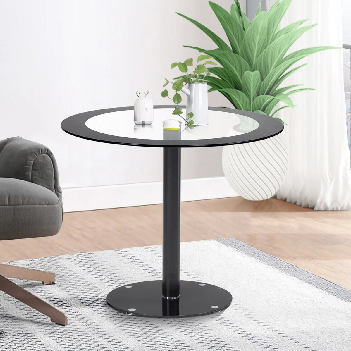 Round Black Dining Table Metal Legs Tempered Glass Office Coffee