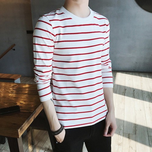 Sporty Striped Pullover Long Sleeve T Shirt Men's Crew Neck Sports Top