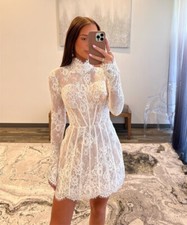 Short Lace White Wedding Dresses Long Sleeves High Neck Zipper Back Bridal Gowns