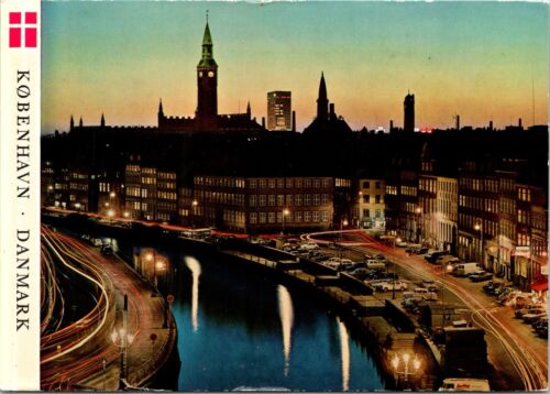 Copenhagen Denmark Cityscape Old Strand By Night Lit Buildings Canal View Postca