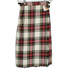 Vintage Girls Pleated Plaid Wrap Skirt M 8 10 Wool Red Green Stewart Tartan