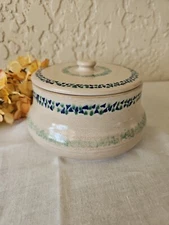 Vintage Pottery Covered Casserole Serving Dish Signed Green Blue Lidded