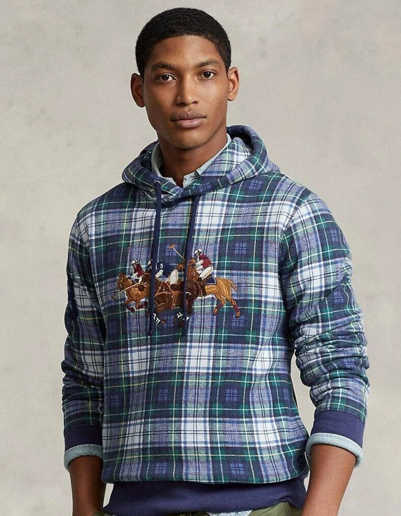 Polo Ralph Lauren Triple Pony Logo Madras Tartan Plaid Check Felpa con Cappuccio Uomo Tg L
