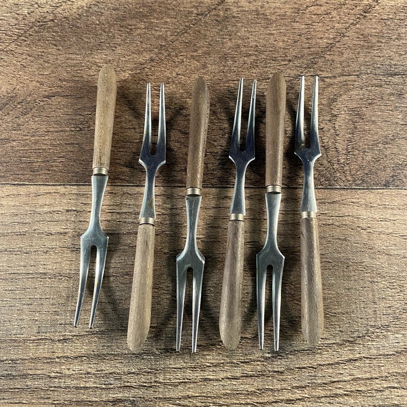 Set of 6 Cocktail Forks Small Wood Handle MCM Danish Modern Made in Japan 