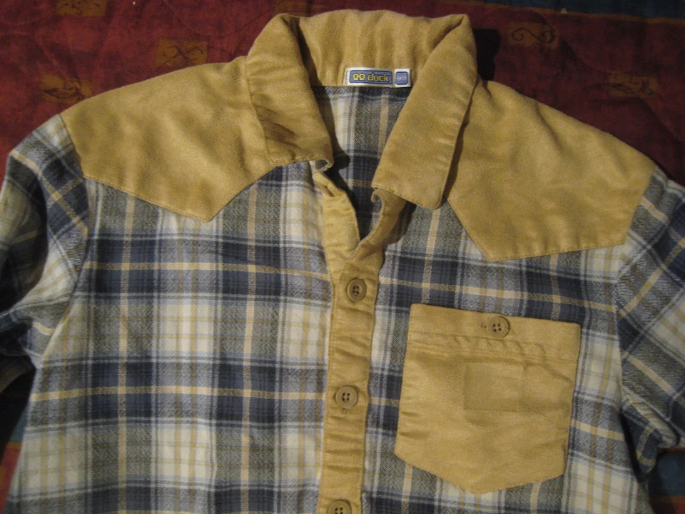 Camisa vintage QQ cinza pato flanela LS acabamento em couro sintético bordada infantil GG(18) - Imagem 4 de 4