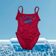 VTG SPEEDO One Piece Swimsuit AMERICAN FLAG Maroon LINED High Cut Women's Sz 12