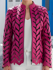 Jacket for Women Outfit Top Blouse Shirt Sheer Leather Handmade Leaf Pattern