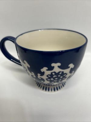 Artistic Pattern Coffee Tea Mug Cup 14 oz Fire Glazed Blue White