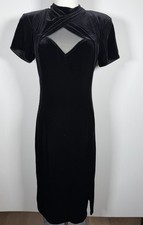 Vintage 80s SL Fashions black velvet LBD mesh cut-out holiday bodycon dress 10P