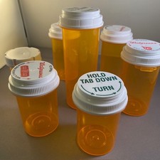 7 Empty Pill Bottles Amber, Mixed Lot, Prescription Medicine, Crafts, Storage