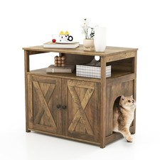 Cat Litter Box Enclosure w/ Double Barn Doors Divider Side Entry Storage Shelf