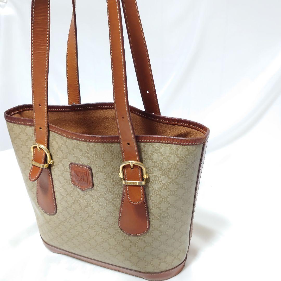 CELINE Vintage Macadam Pattern Tote Bag Beige Leather Authentic Excellent Condi — image 3