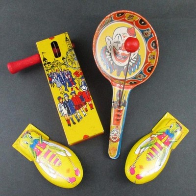 4 - TIN Vintage NOISE MAKERS - Cricket CLICKERS, Clapper - U.S.METAL, KIRCHHOF