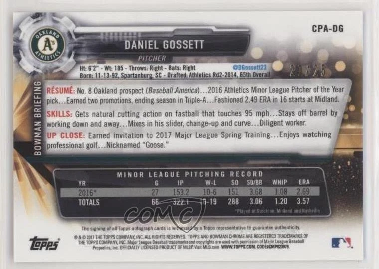 2017 Bowman Chrome Prospect Orange Wave Refractor /25 Daniel Gossett Auto - Image 2 of 2