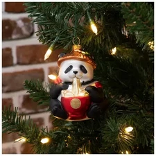 Panda Eating Noodles Glass Christmas Ornament