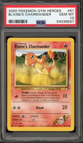 Pokemon Blaine's Charmander Gym Heroes Unlimited #61 PSA 10 Gem Mint