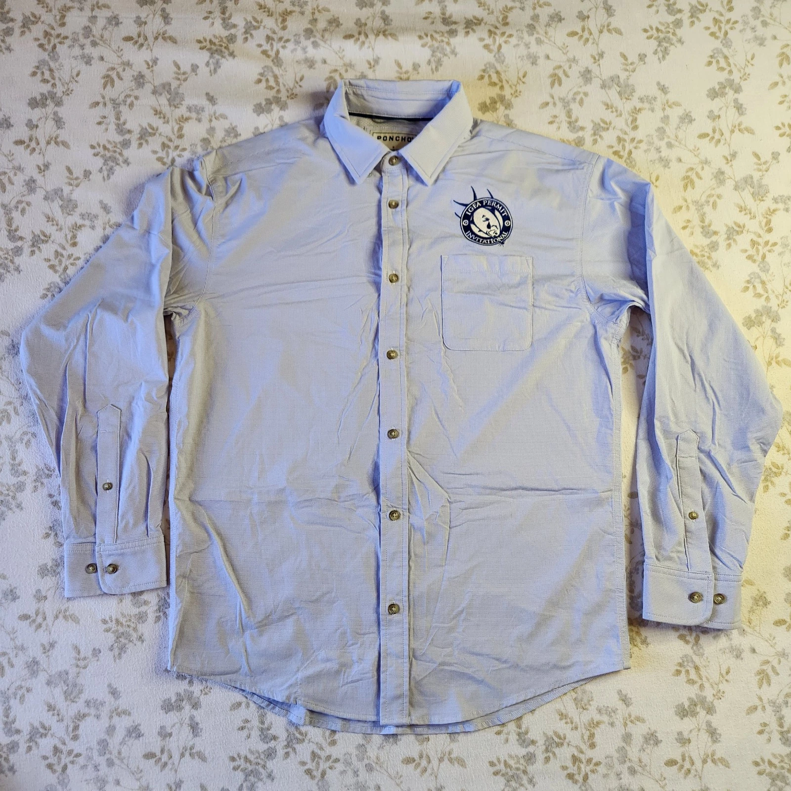 Poncho Shirt Mens Medium Blue Plaid Button Long Sleeve Stretch Embroidered IGFA