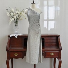 David Meister Silver One Shoulder Gown Formal Dress 8 Ruched Metallic Glam