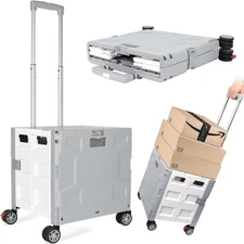 Foldable Shopping Utility Cart Portable Rolling Crate Hidden Lid, White 