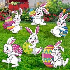 Easter Yards Signs Outdoor Bunny Lawn Signs with Stakes Bunny Eggs Garden Sign P